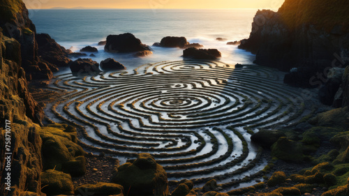 Aerial view of a labyrinth made of stones in the sea.