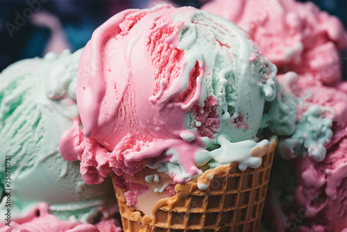 Scoops of pink and green ice cream in waffle cone