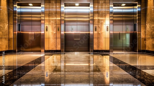 Reflective marble floors and symmetric golden elevator doors in a luxurious lobby flaunting wealth and modern architecture