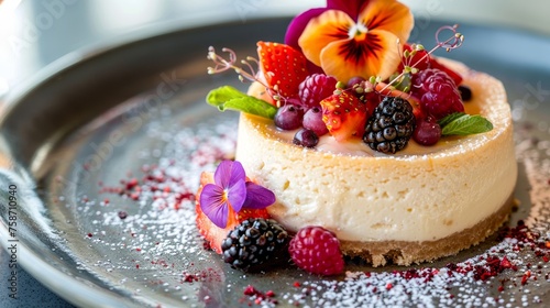 A scrumptious cheesecake decorated with an assortment of fresh berries and edible flowers, sprinkled with powdered sugar