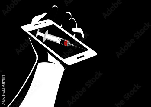 This image portrays a limp hand on the floor, clutching a mobile phone with a syringe picture on its screen, symbolizing the grip of social media addiction