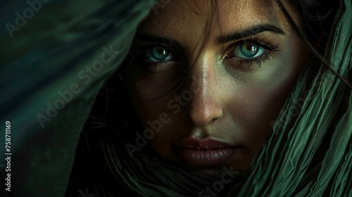 Intriguing portrait of a woman with intense green eyes covered by a green veil