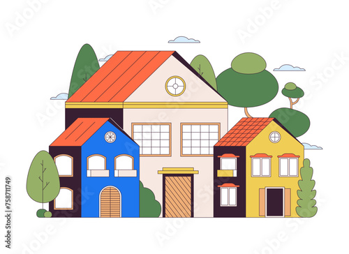 Suburban houses 2D linear cartoon object. Neighborhood residential trees homes isolated line vector element white background. Estate properties. Suburb community color flat spot illustration