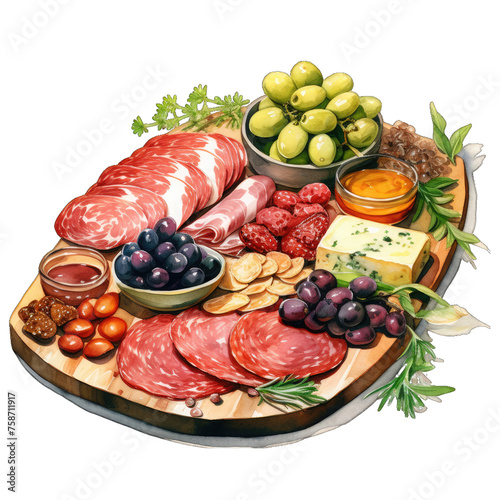 Delicious Savory Antipasto Platter with a Watercolor Touch - Isolated on White Background for Culinary Designs and Menus