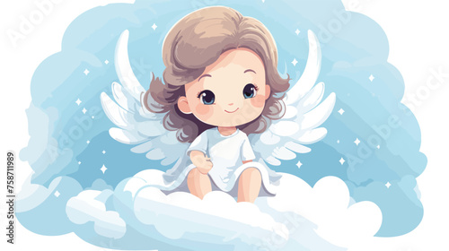 Angel cute baby sitting on sky cloud vector illustration
