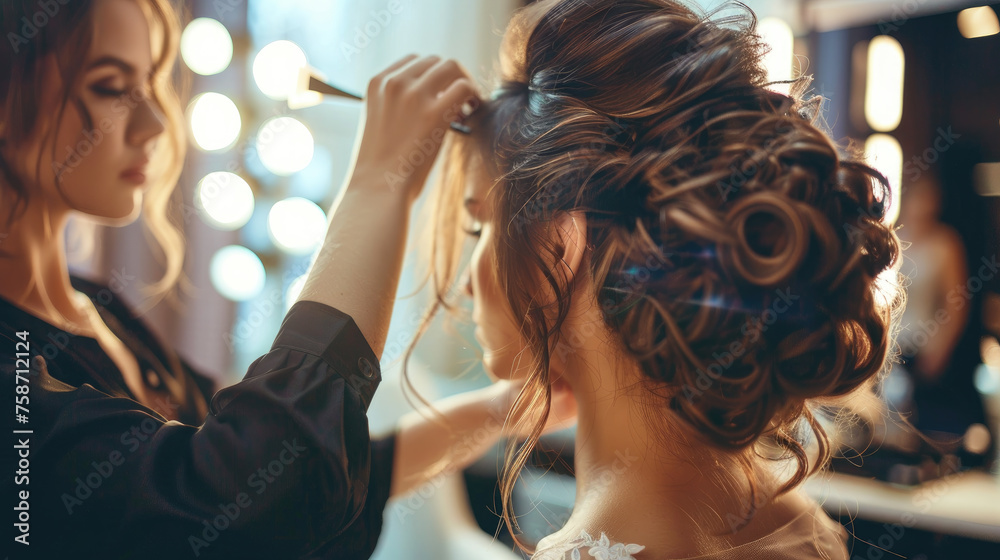 Fototapeta premium The hairdresser does the bride's hair.