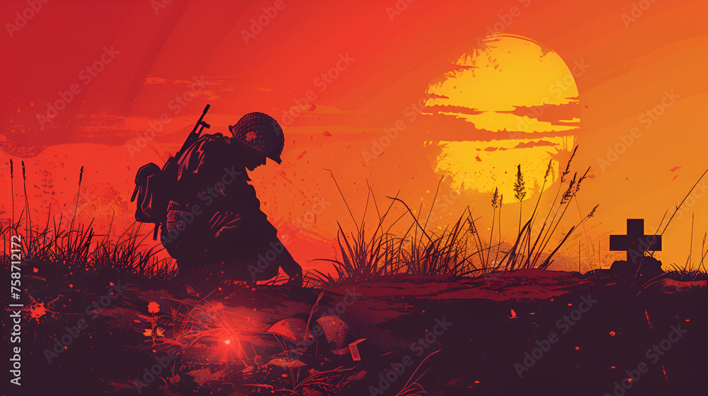 Army Man crying on grave of friend with American flag, illustration for background, ai generated