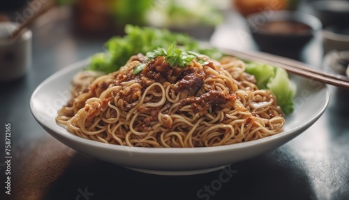 Fried noodle with pork in soy sauce and vegetable