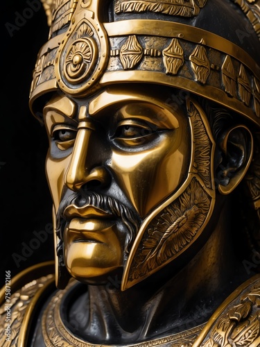 Portrait brass statue of a warrior on plain black background from Generative AI