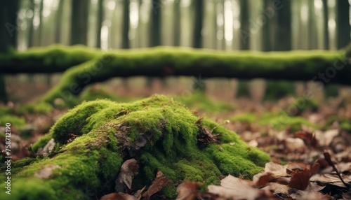 view of green moss on a rotting tree trunk in the forest