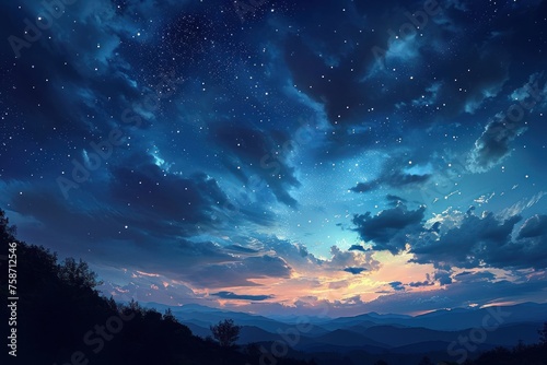 sky at night with stars  clouds  blue and purple gradient  space  galaxy  observing the stars  astronomy  night sky environment  background  dark  sunset  Generative AI 