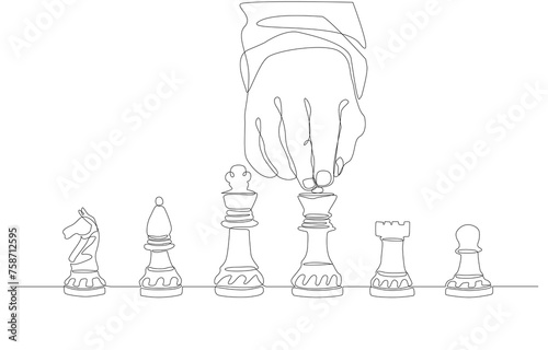 Continuous one line drawing of hand choosing chess piece, business strategy and management concept, single line art.
