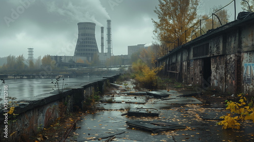 Abandoned factory alongside body of water