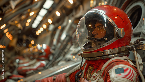 Man in red spacesuit at space station