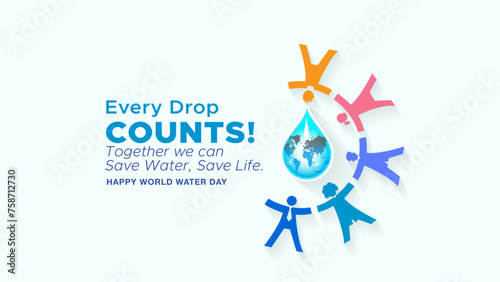 Group of people holding clean water drop. World water day awareness banner poster and background. Vector illustration