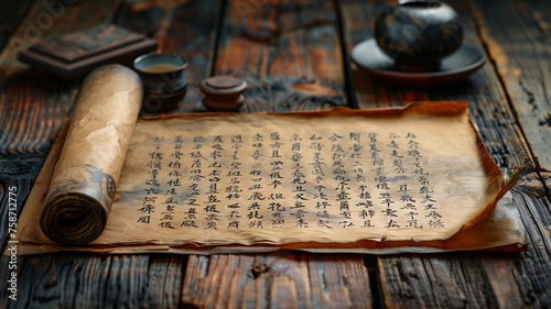 Ancient scroll with writing on wooden table