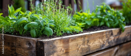 Close up of fresh medicinal herbs,  in wooden raised bed in garden photo