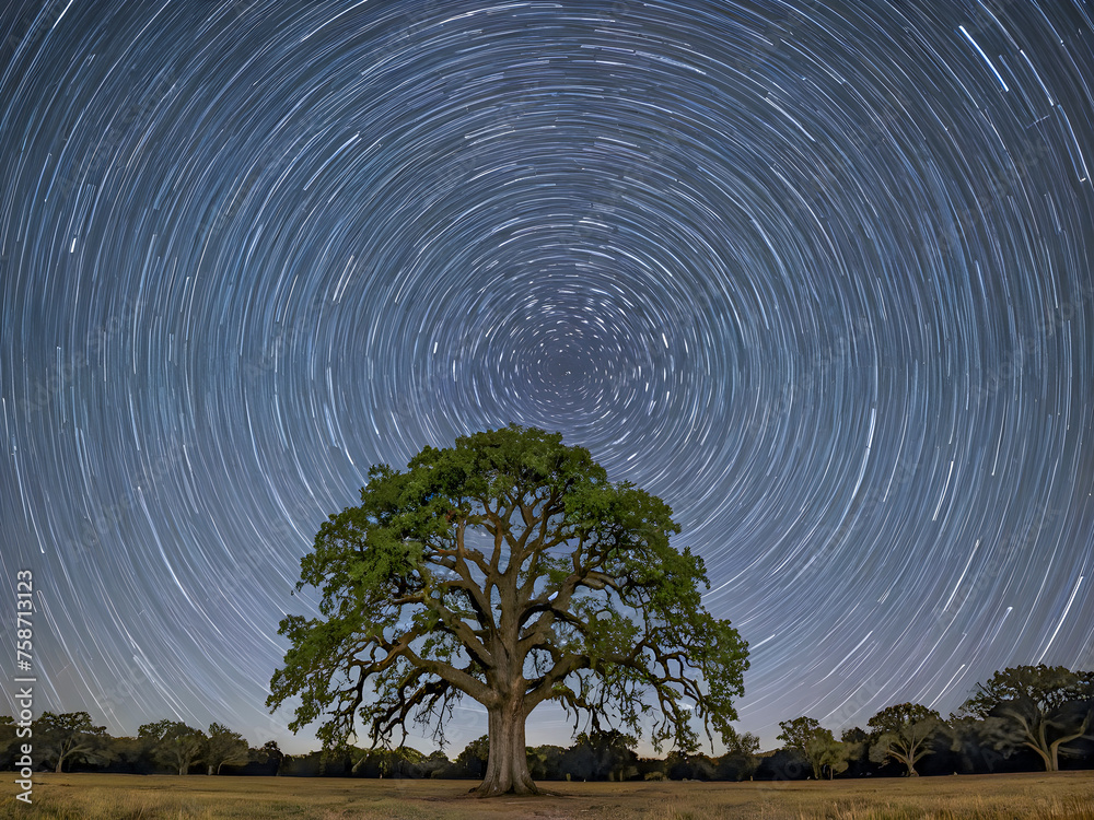 Star trail over a large oak tree in the middle of the field. Stock ...