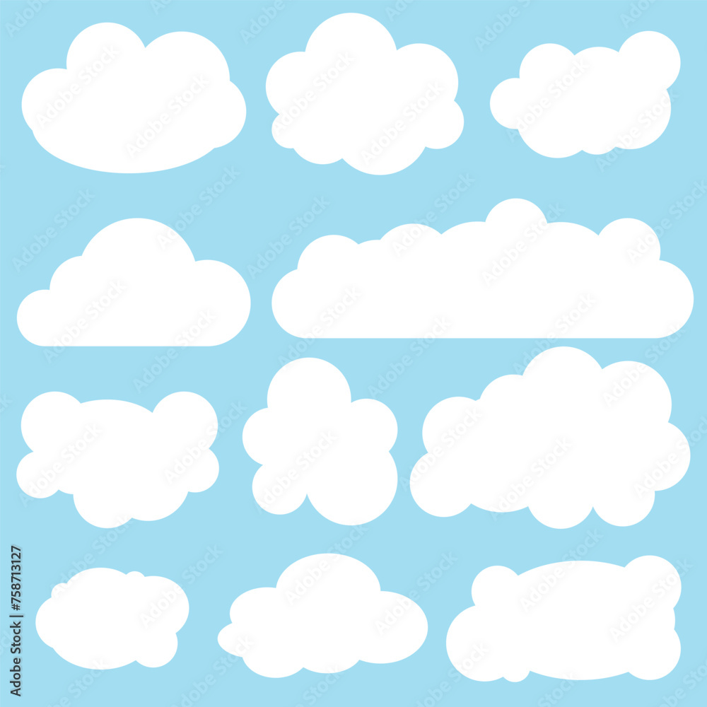 Set of eleven different clouds on blue background