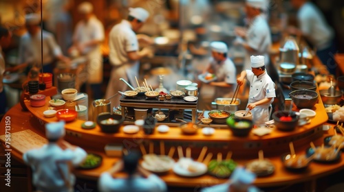 a crowded hotpot restaurant, miniature people eating