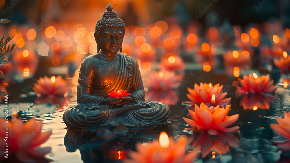 Buddha statue on pond with water lilies Buddha statue on pond with water lilies