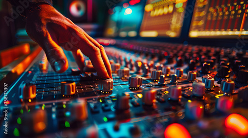 A detailed view of a sound engineer's hand fine-tuning audio levels on a professional mixing console in a recording studio photo