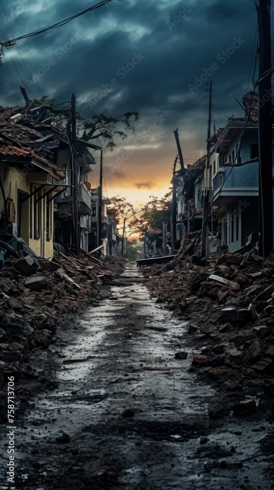 Street with destroyed houses after storm Street with destroyed houses after storm