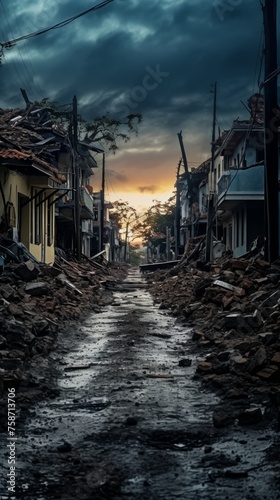 Street with destroyed houses after storm