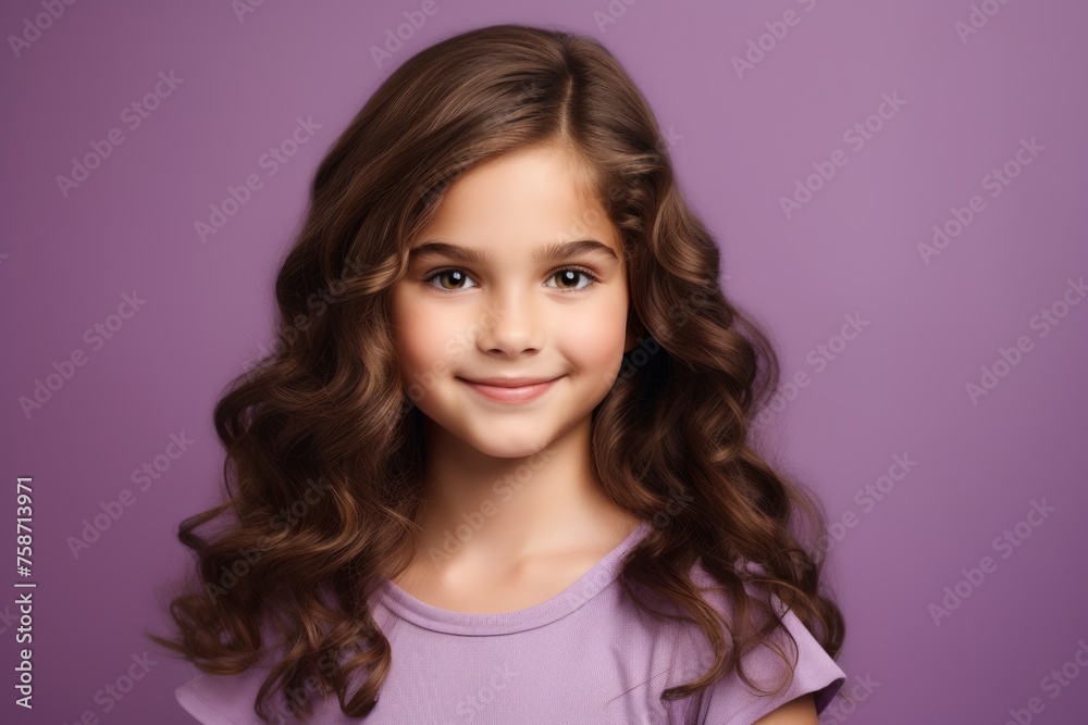 Beautiful little girl with long curly hair. Studio shot over purple background. Beautiful little girl with long curly hair. Studio shot over purple background.
