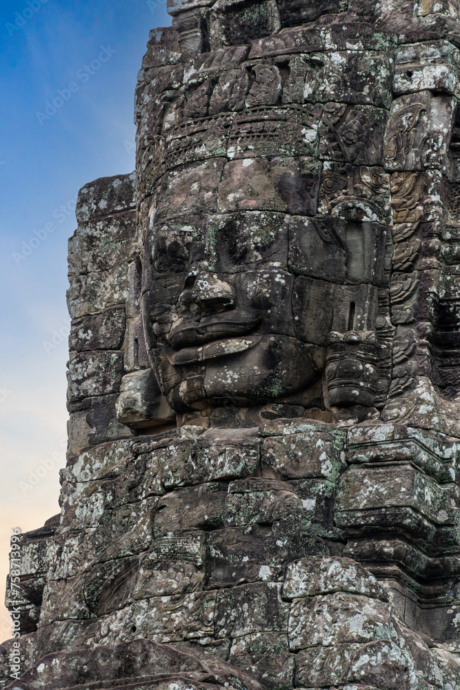 Ancient Bayon temple complex in the center of Angkor Thom in Cambodia.