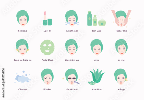 Lady skin face issue problem and solution facial skin care treatment. Beauty Natural Organic cosmetic, make up, mask, life style flat vector illustration icon. Editable icon.