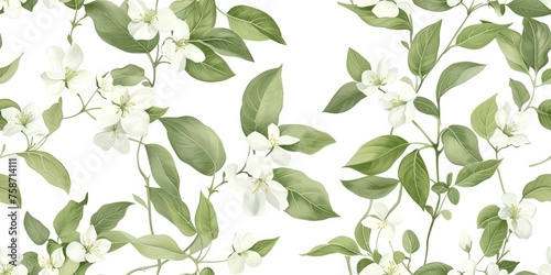 Jasmine with exquisite petals  white petals with light green leaves  cute and dreamy. Light green background with soft colors
