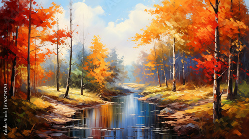 Oil painting landscape colorful autumn forest ..