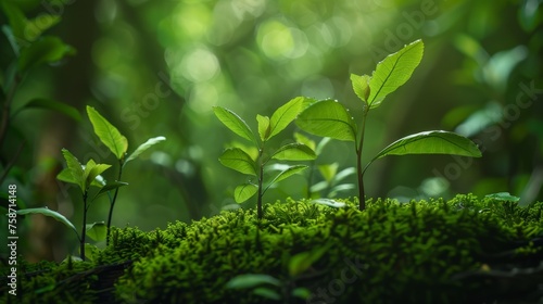 Small plants emerge from a leafy  green moss  showcasing nature s resilience and the beauty of growth in lush  verdant environments.