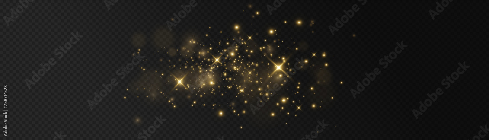 The light of gold dust. bokeh light effect background png. Christmas glowing dust background. Yellow flickering glow with confetti bokeh light and particle motion.	