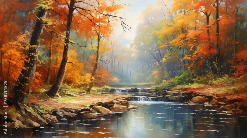 Oil painting landscape  river in autumn forest ..