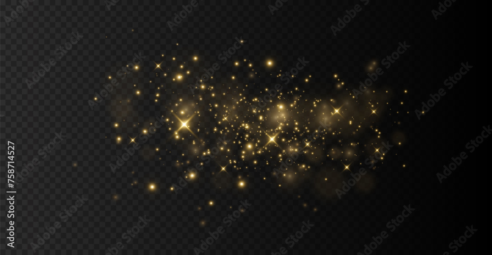 The light of gold dust. bokeh light effect background png. Christmas glowing dust background. Yellow flickering glow with confetti bokeh light and particle motion.