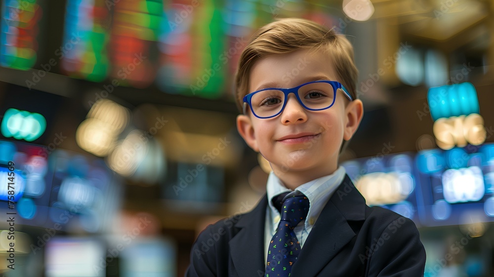 confident child businessman on stock exchange background. generative AI confident child businessman on stock exchange background. generative AI