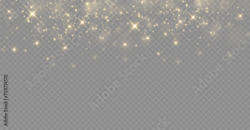 The light of gold dust. bokeh light effect background png. Christmas glowing dust background. Yellow flickering glow with confetti bokeh light and particle motion. 