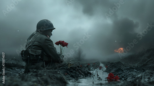 World War 2 soldier sitting with flowers war smoke around, Generative AI