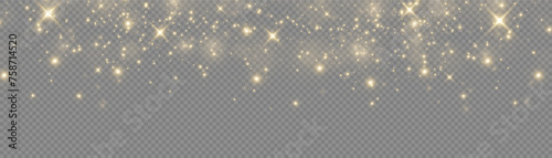 The light of gold dust. bokeh light effect background png. Christmas glowing dust background. Yellow flickering glow with confetti bokeh light and particle motion.	