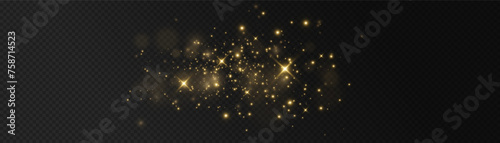 The light of gold dust. bokeh light effect background png. Christmas glowing dust background. Yellow flickering glow with confetti bokeh light and particle motion.	 photo