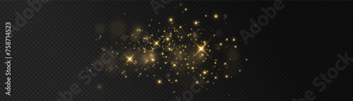 The light of gold dust. bokeh light effect background png. Christmas glowing dust background. Yellow flickering glow with confetti bokeh light and particle motion.	