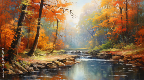 Oil painting landscape river in autumn forest ..