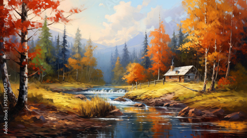 Oil painting landscape  river in autumn forest .. © Natia