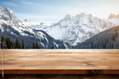 Wooden table and mountains landscape in morning sky © Canvas Alchemy