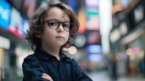 confident child businessman on stock exchange background. generative AI photo