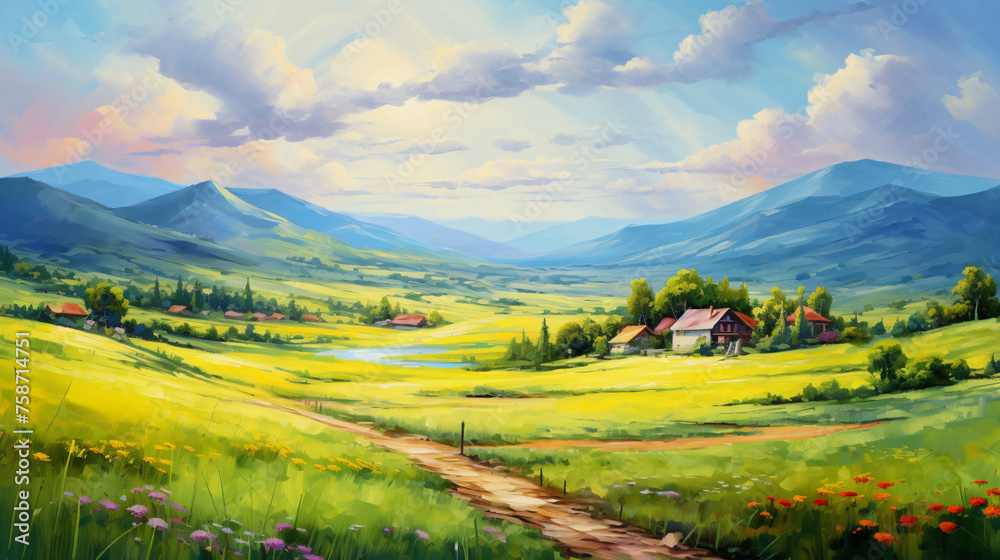 Oil painting landscape art. Rural mountain region. 