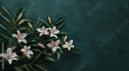 Peach-colored lily flowers elegantly arranged on a dark green background