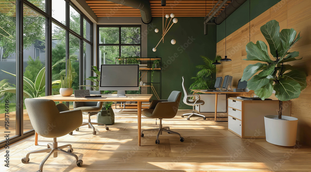 A modern office space is infused with natural elements, featuring wooden accents and vibrant green walls